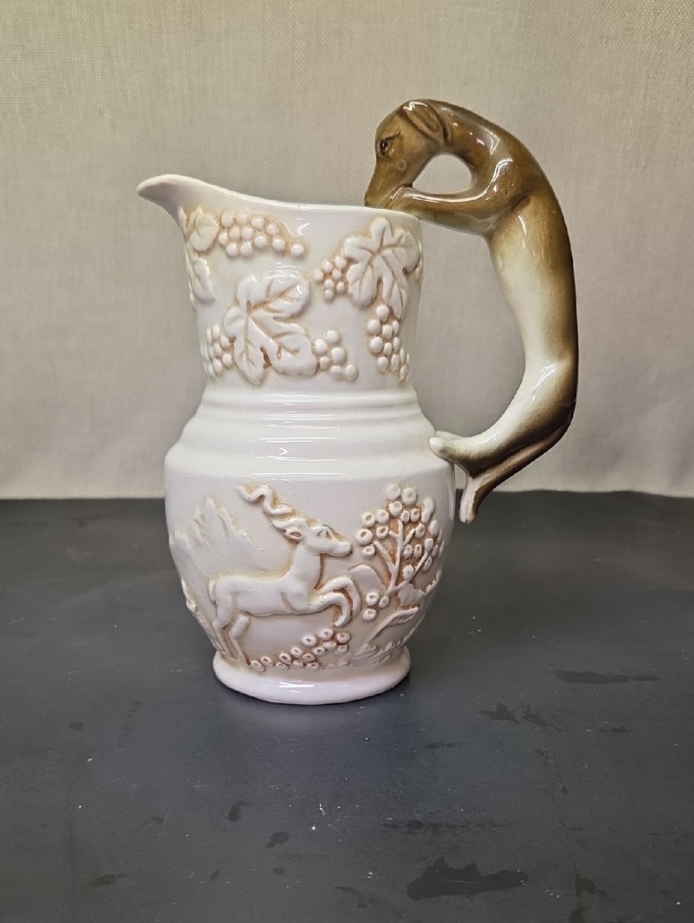 Jug Pitcher‎ with DOG HANDLE Embossed Deer & Grape Leaves 8” Art Pottery